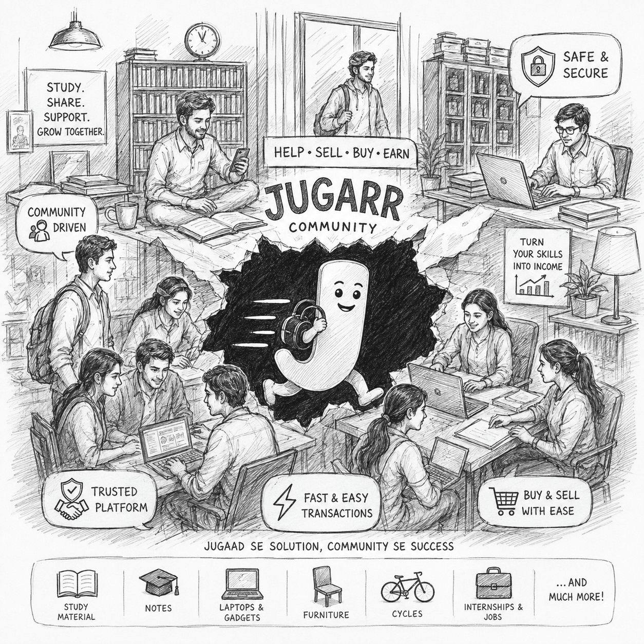Jugarr student campus network editorial line illustration